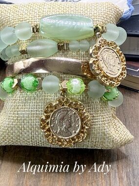 OVERSIZED Light Green Beaded Bracelet Set with Gold Coin Charms